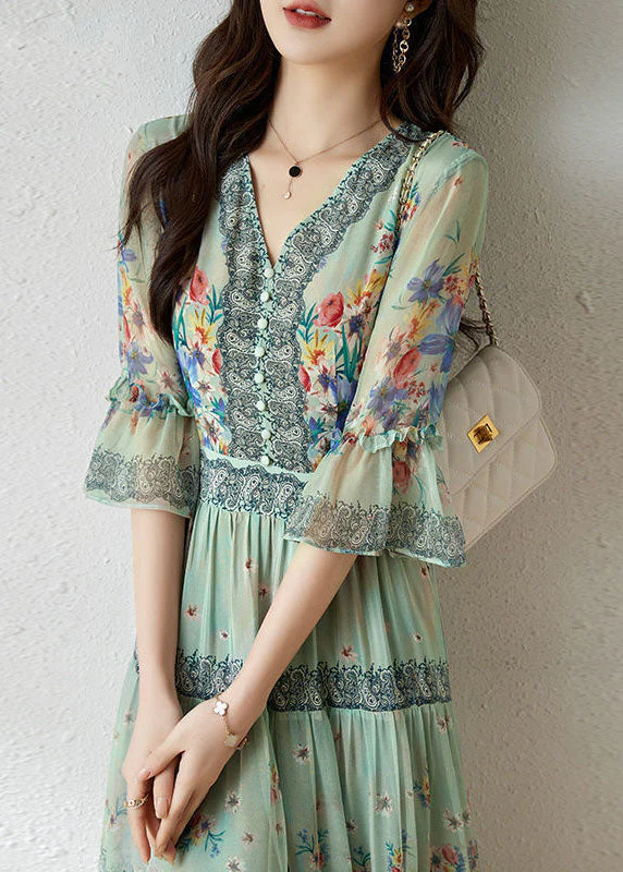 Art Light Green V Neck Ruffled Print Silk Long Dress Flare Sleeve - Image 4