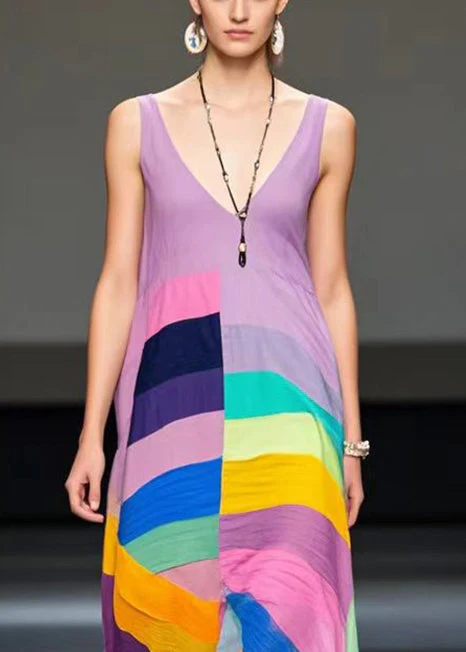 Art Light Purple Asymmetrical Patchwork Chiffon Maxi Dresses Summer - Image 2