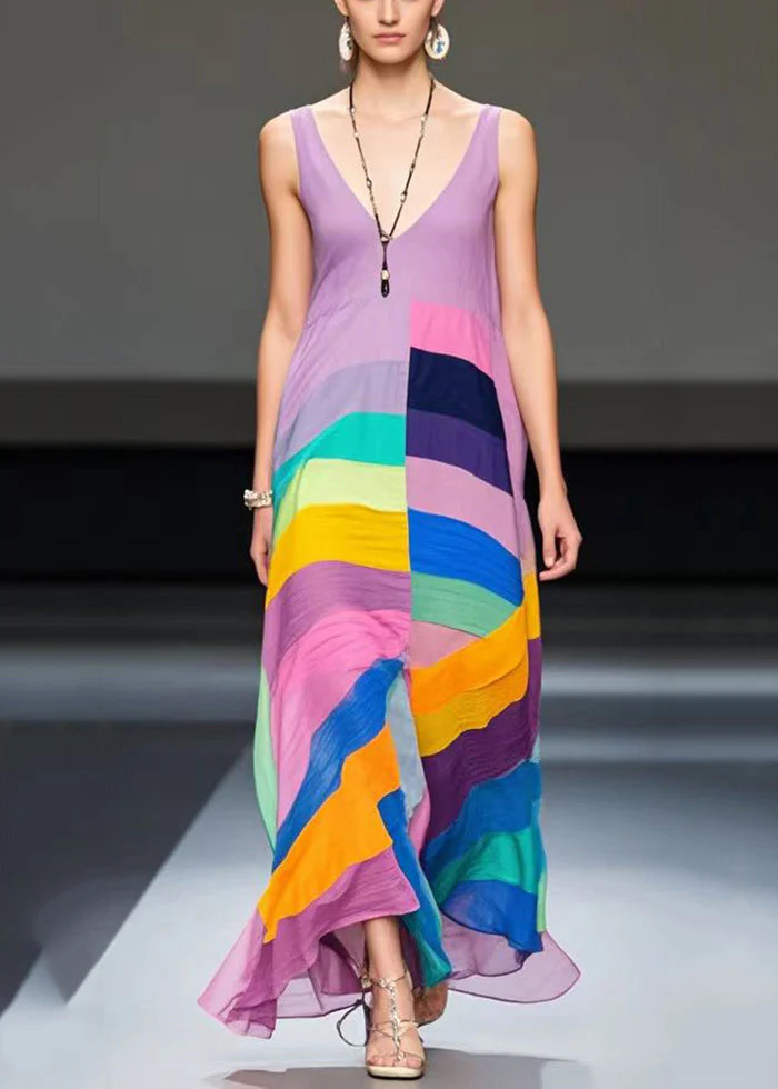 Art Light Purple Asymmetrical Patchwork Chiffon Maxi Dresses Summer - Image 3