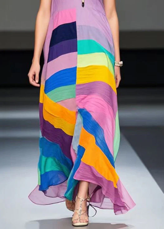 Art Light Purple Asymmetrical Patchwork Chiffon Maxi Dresses Summer - Image 4