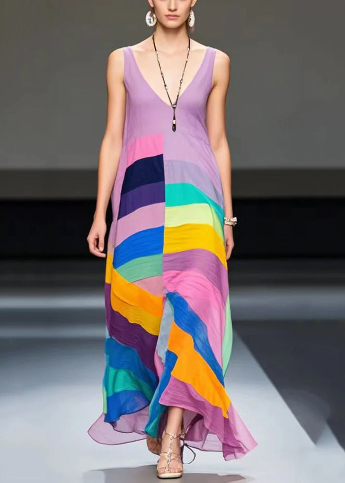 Art Light Purple Asymmetrical Patchwork Chiffon Maxi Dresses Summer - Image 5