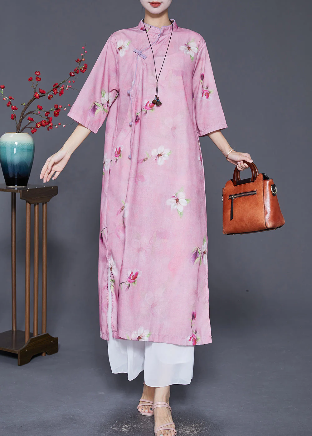 Art Light Purple Print Chinese Button Fine Linen Dress Summer - Image 2