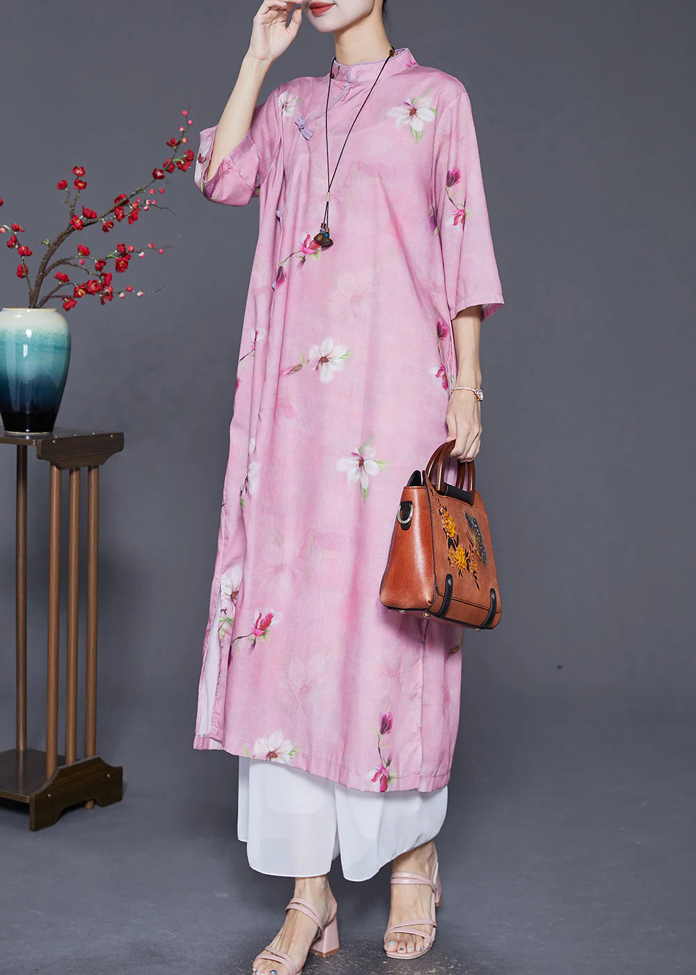 Art Light Purple Print Chinese Button Fine Linen Dress Summer - Image 3