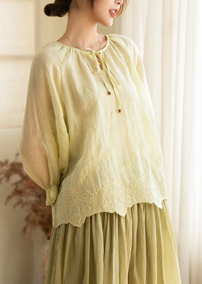 Art Light Purple Print Tie Lace Linen Top Lantern Sleeve - Image 4