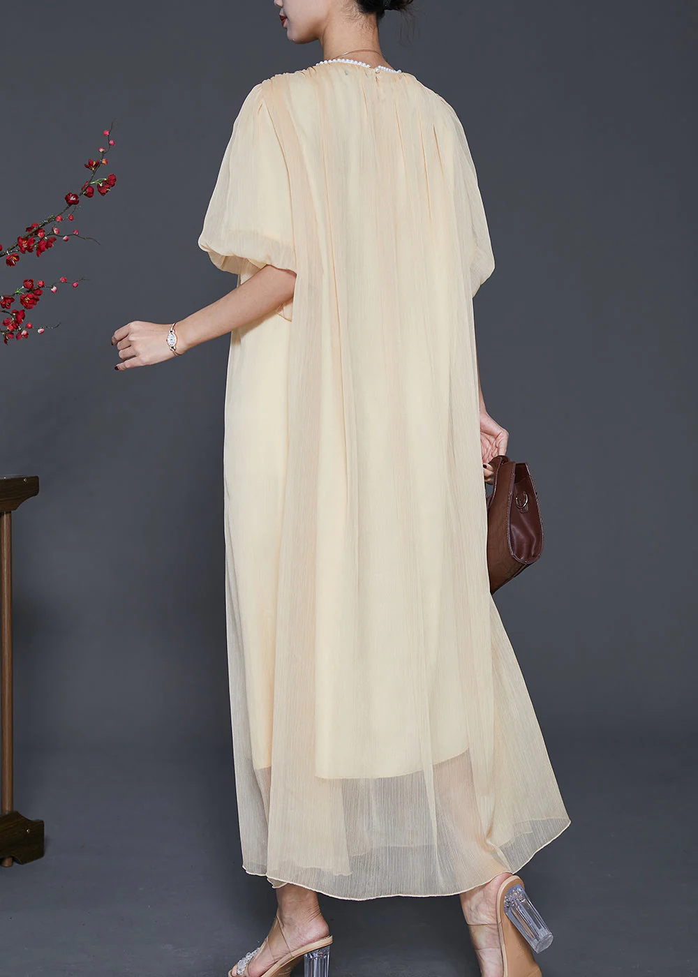 Art Light Yellow Exra Large Hem Nail Bead Chiffon Robe Dresses Summer - Image 4