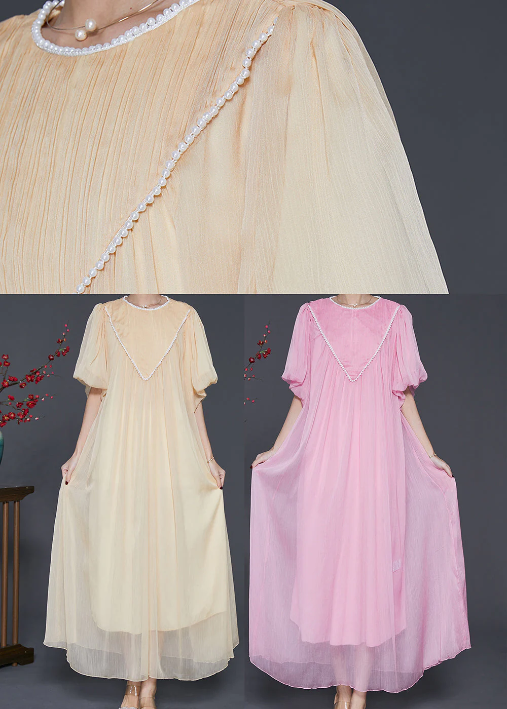 Art Light Yellow Exra Large Hem Nail Bead Chiffon Robe Dresses Summer - Image 5