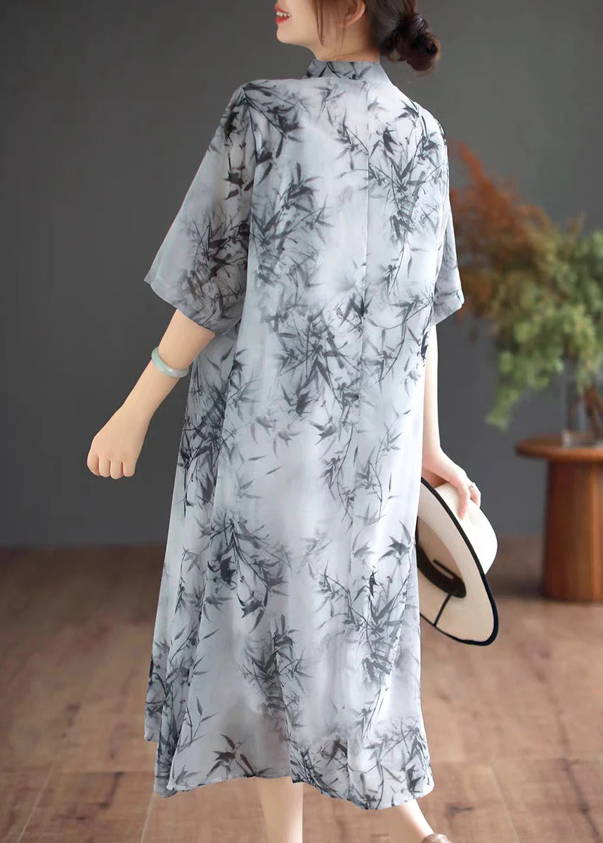 Art Mandarin Collar Bamboo Print Chiffon Dress Summer - Image 4