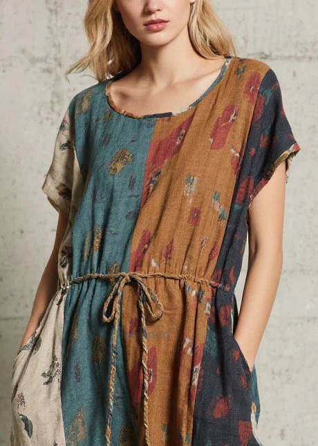 Art Mixed Color Tie Waist Print Cotton Long Dresses Summer - Image 2