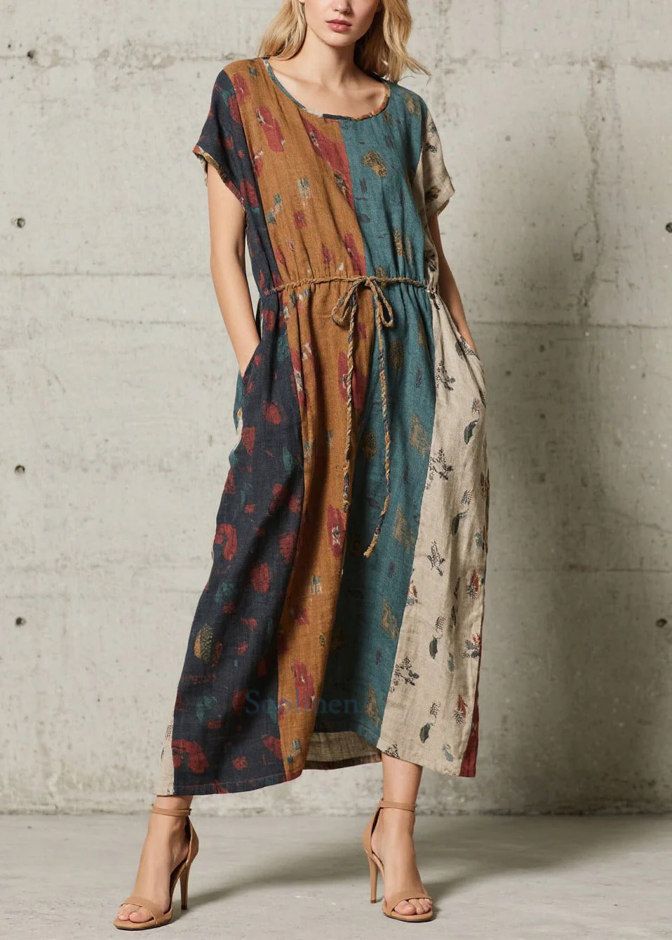 Art Mixed Color Tie Waist Print Cotton Long Dresses Summer - Image 3