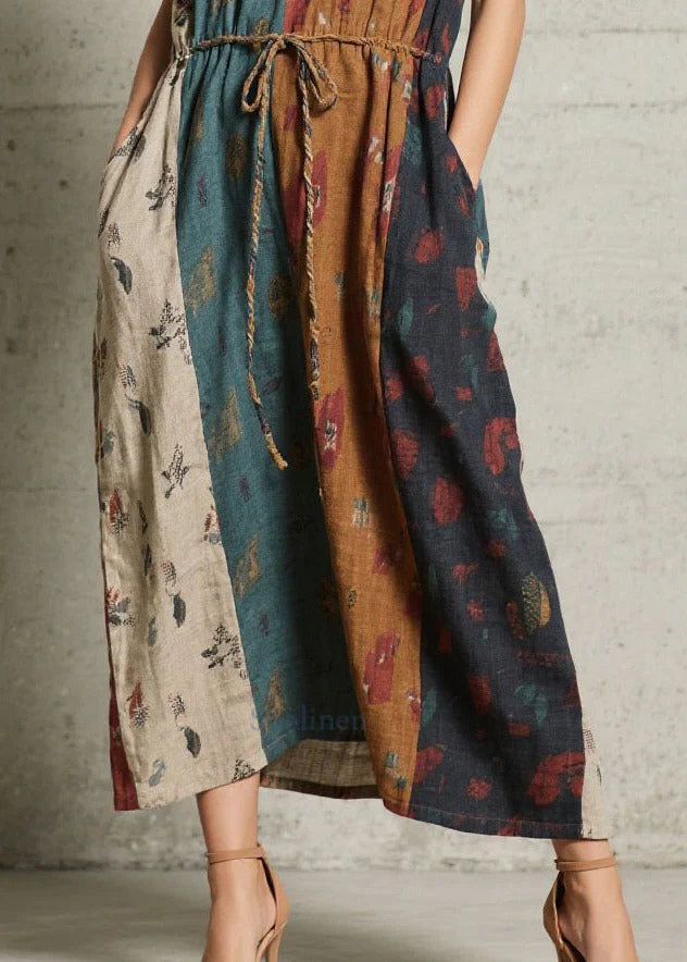 Art Mixed Color Tie Waist Print Cotton Long Dresses Summer - Image 4