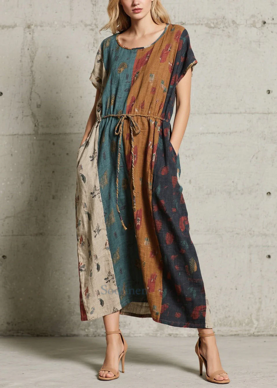 Art Mixed Color Tie Waist Print Cotton Long Dresses Summer - Image 5