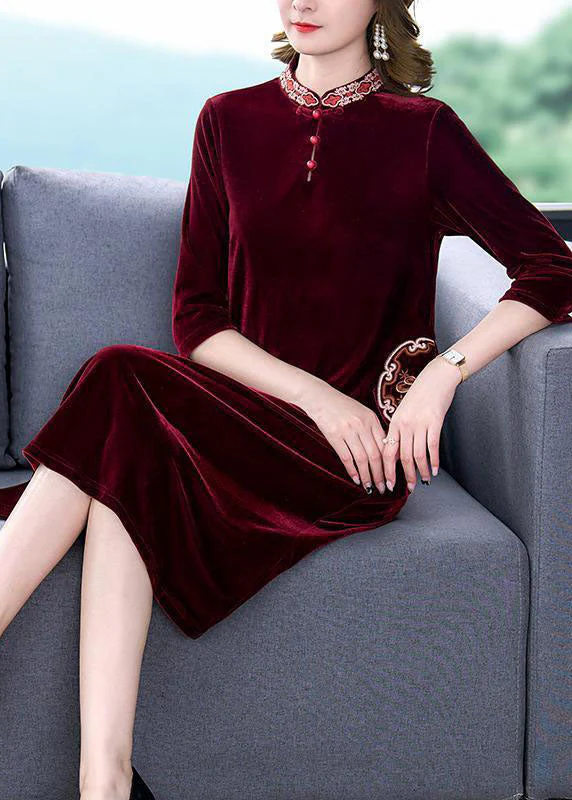 Art Mulberry Mandarin Collar Embroideried Silk Velour A Line Dress Half Sleeve - Image 2