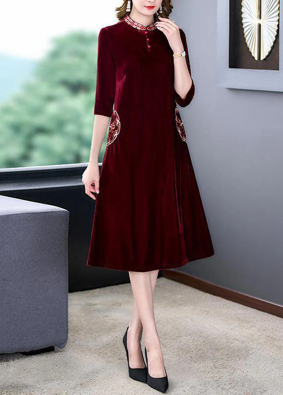 Art Mulberry Mandarin Collar Embroideried Silk Velour A Line Dress Half Sleeve - Image 3