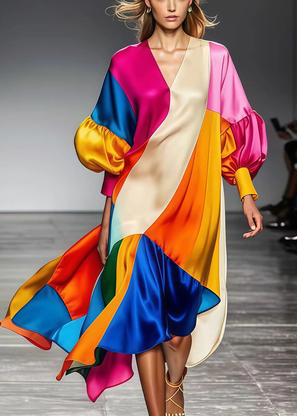 Art Multicolor Oversized Patchwork Silk Robe Dresses Lantern Sleeve - Image 3