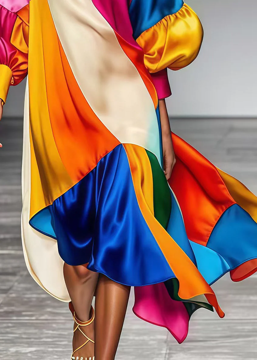 Art Multicolor Oversized Patchwork Silk Robe Dresses Lantern Sleeve - Image 4