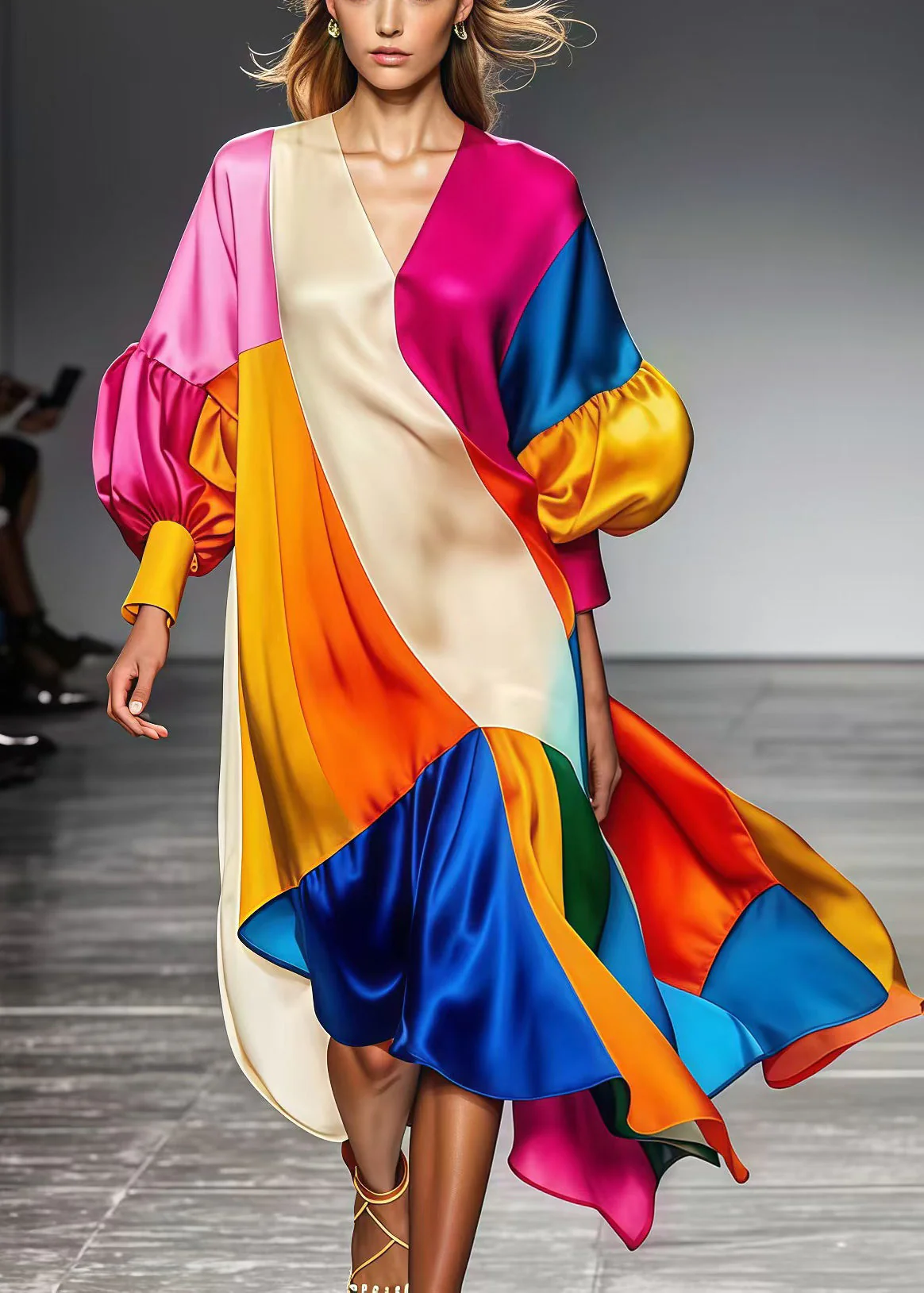 Art Multicolor Oversized Patchwork Silk Robe Dresses Lantern Sleeve - Image 5