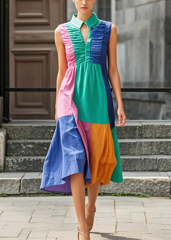 Art Multicolor Stand Collar Patchwork Wrinkled Cotton Dress Summer - Image 3