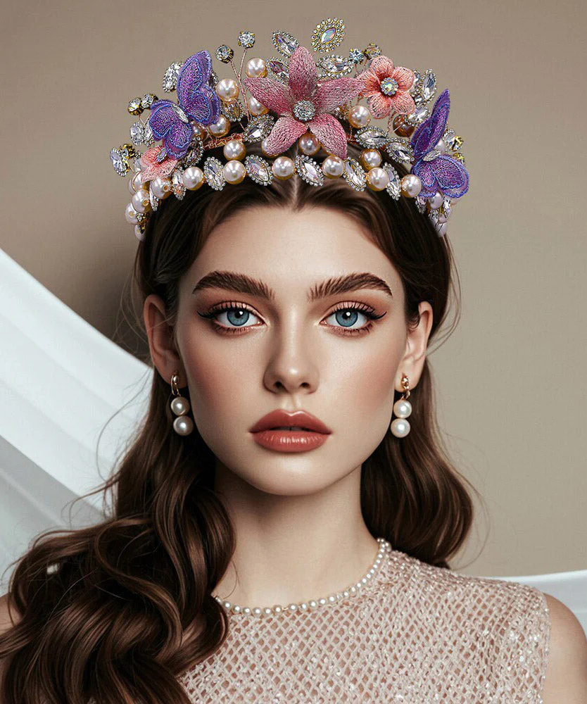 Art Multicolor Zircon Crystal Pearl Floral HairPiece