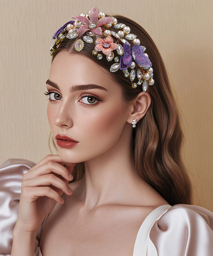Art Multicolor Zircon Crystal Pearl Floral HairPiece - Image 4
