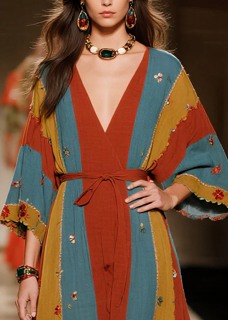 Art Multicolored Flower Tie Waist Striped Cotton Dresses Summer - Image 2