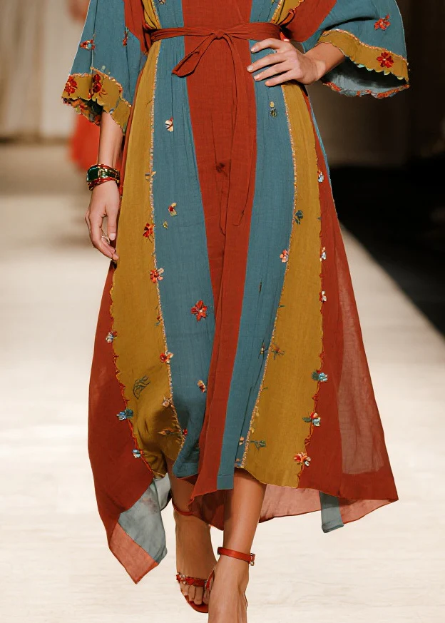 Art Multicolored Flower Tie Waist Striped Cotton Dresses Summer - Image 4
