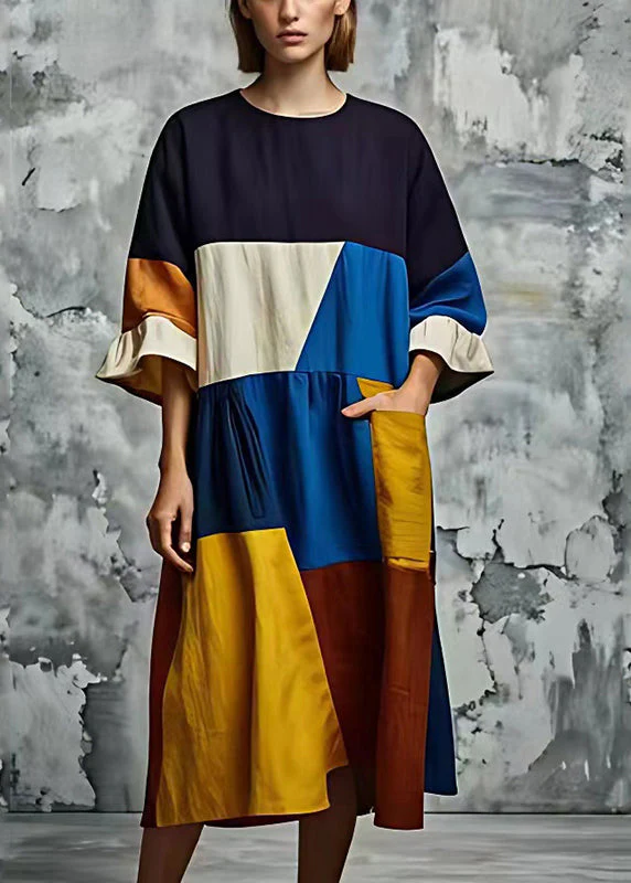 Art Multicolour Asymmetrical Patchwork Cotton Long Dress Summer - Image 2