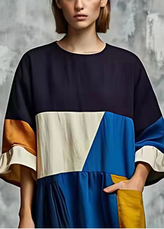 Art Multicolour Asymmetrical Patchwork Cotton Long Dress Summer - Image 3