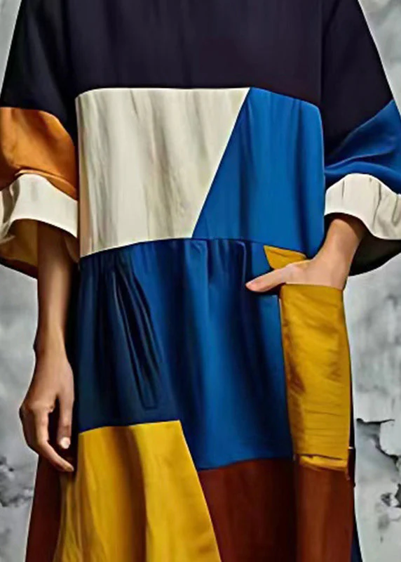 Art Multicolour Asymmetrical Patchwork Cotton Long Dress Summer - Image 4