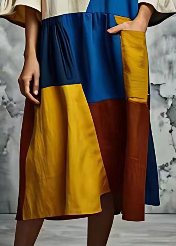 Art Multicolour Asymmetrical Patchwork Cotton Long Dress Summer - Image 5