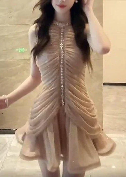 Art Naked Color Zippered Zircon Wrinkled Chiffon Dress Sleeveless - Image 3