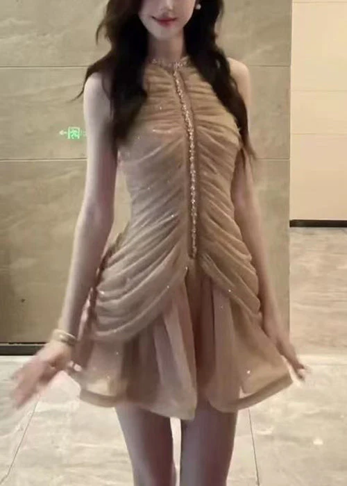 Art Naked Color Zippered Zircon Wrinkled Chiffon Dress Sleeveless - Image 4