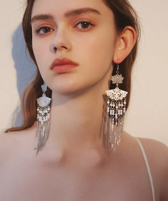 Art Natural Lotus Jade And Stone Fan Tassels Silver Plated Drop Earrings - Image 2