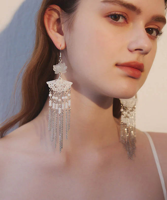 Art Natural Lotus Jade And Stone Fan Tassels Silver Plated Drop Earrings - Image 3