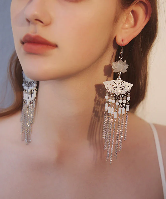 Art Natural Lotus Jade And Stone Fan Tassels Silver Plated Drop Earrings - Image 5