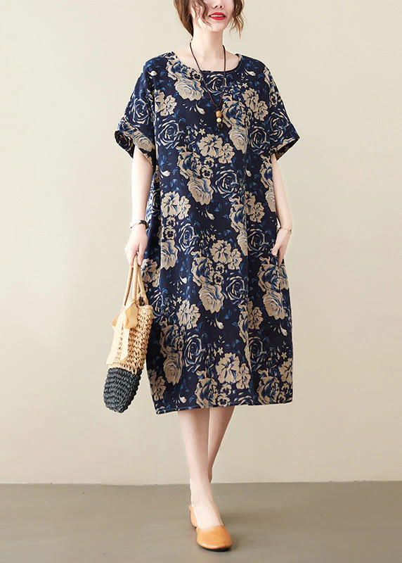 Art Navy Blue O-Neck Print Maxi Dress Short Sleeve - Image 2