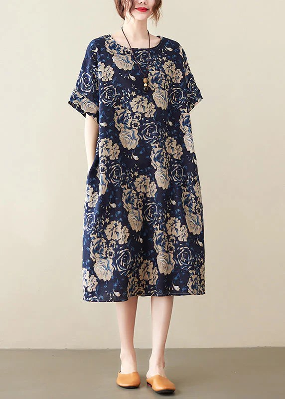 Art Navy Blue O-Neck Print Maxi Dress Short Sleeve - Image 3