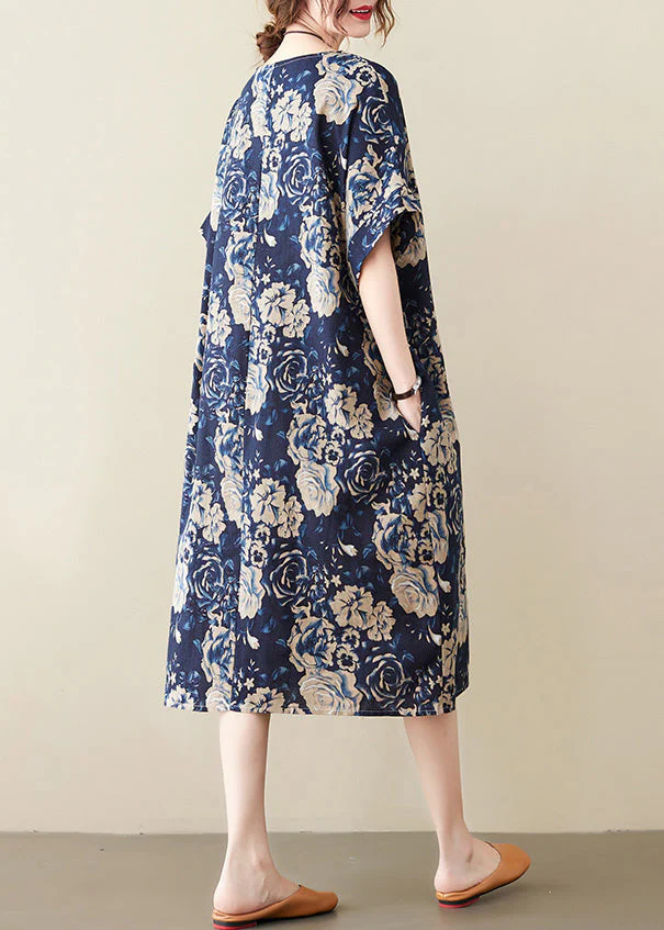 Art Navy Blue O-Neck Print Maxi Dress Short Sleeve - Image 4