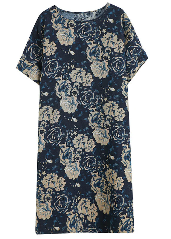 Art Navy Blue O-Neck Print Maxi Dress Short Sleeve - Image 5