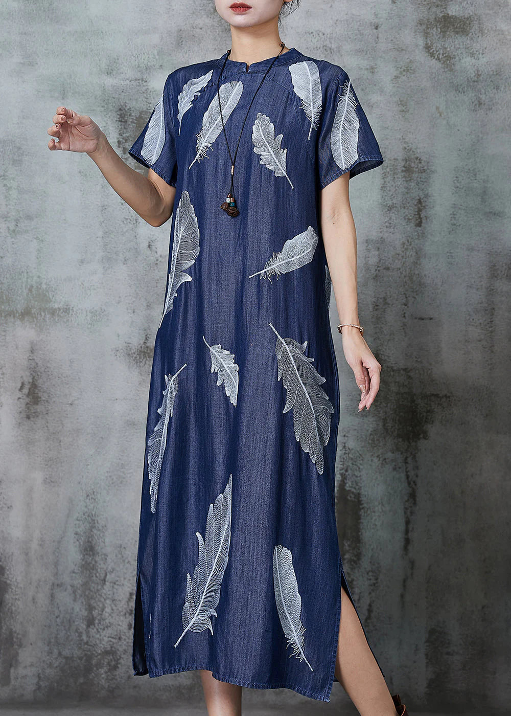 Art Navy Feather Print Denim Cheongsam Dress Summer - Image 2