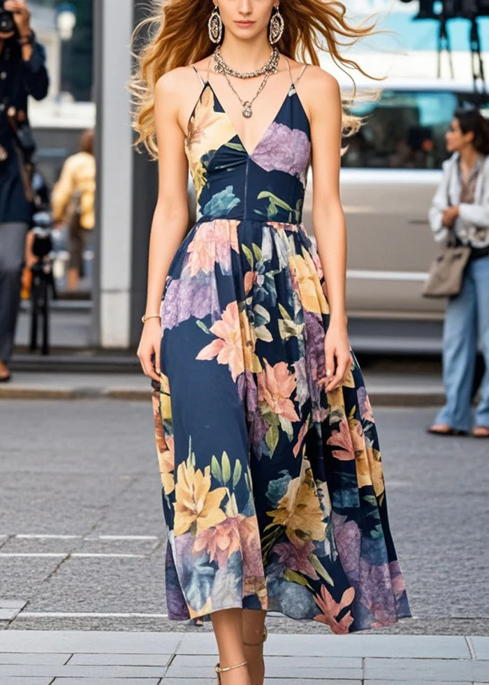 Art Navy Print Exra Large Hem Chiffon Cami Dresses Summer - Image 3