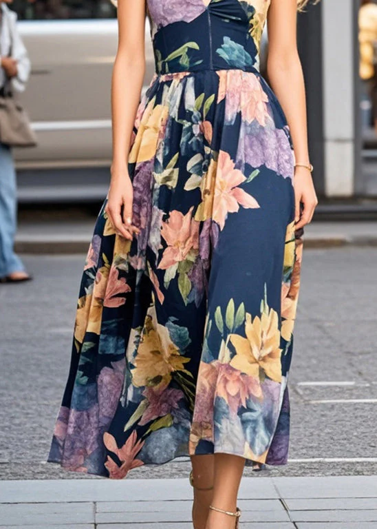 Art Navy Print Exra Large Hem Chiffon Cami Dresses Summer - Image 4