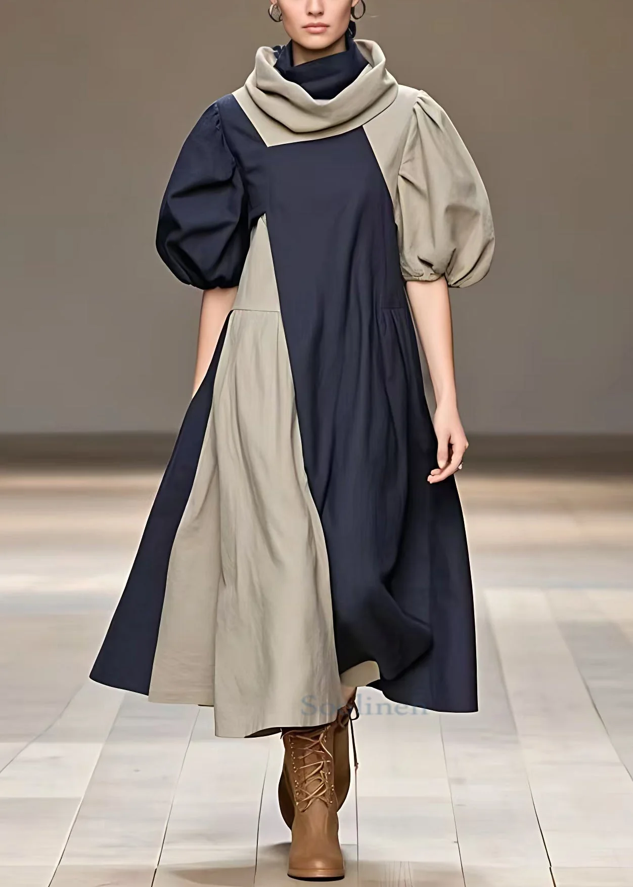 Art Navy Turtleneck Pockets Cotton Long Dress Summer - Image 2