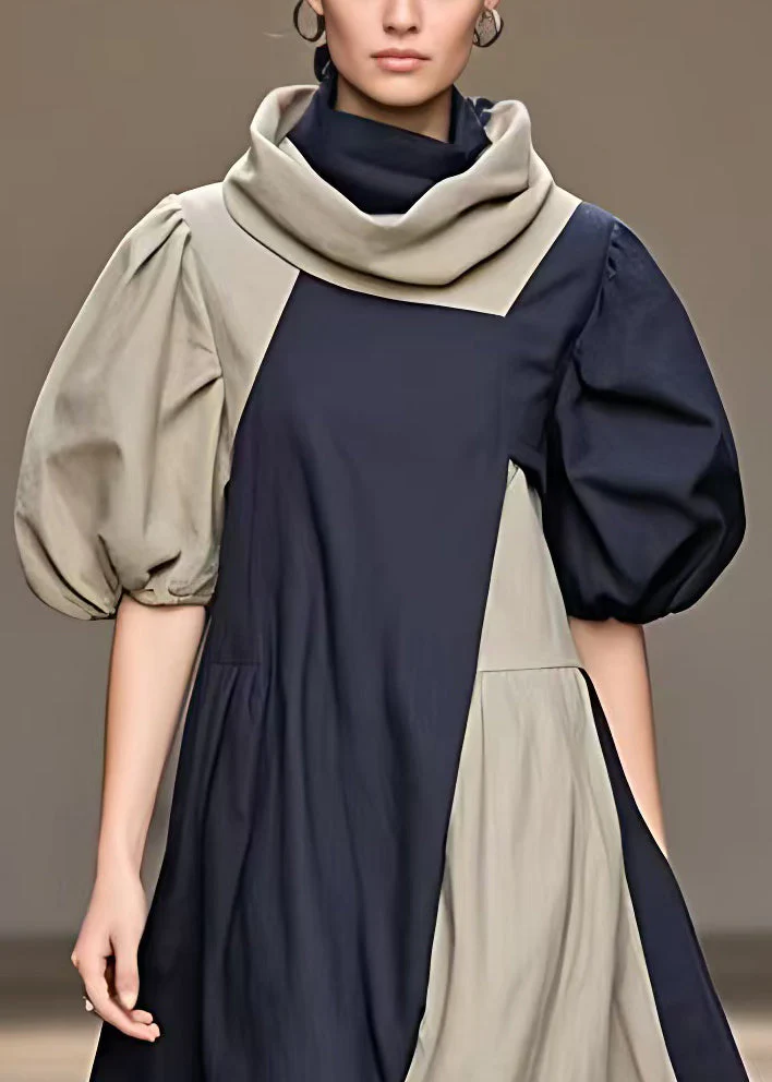 Art Navy Turtleneck Pockets Cotton Long Dress Summer - Image 3