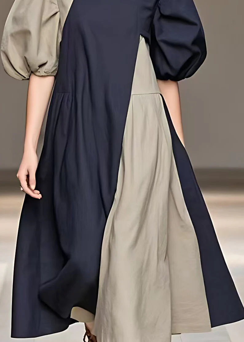 Art Navy Turtleneck Pockets Cotton Long Dress Summer - Image 4