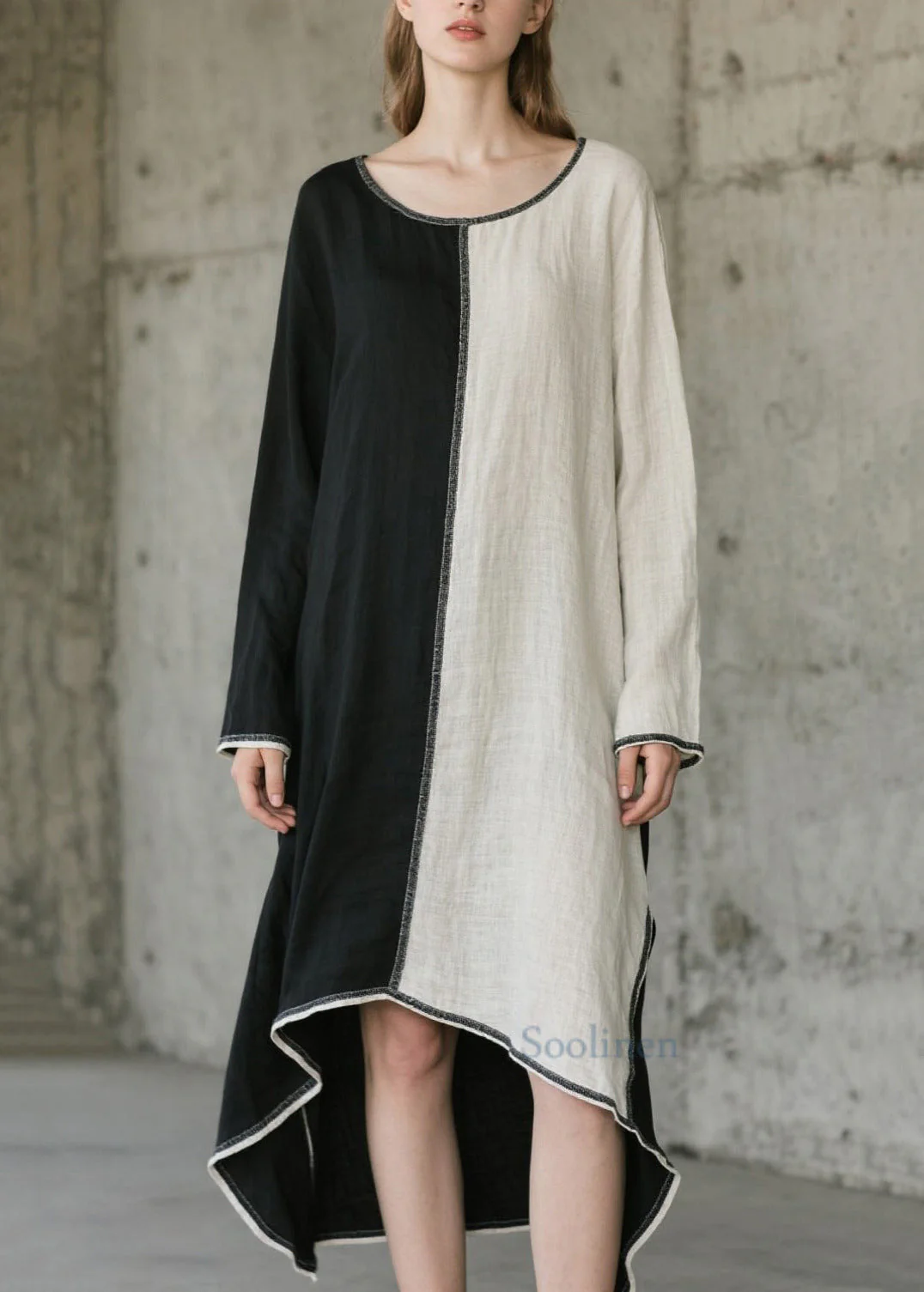 Art O-Neck Asymmetrical Patchwork Cotton Maxi Dresses Spring - Image 3