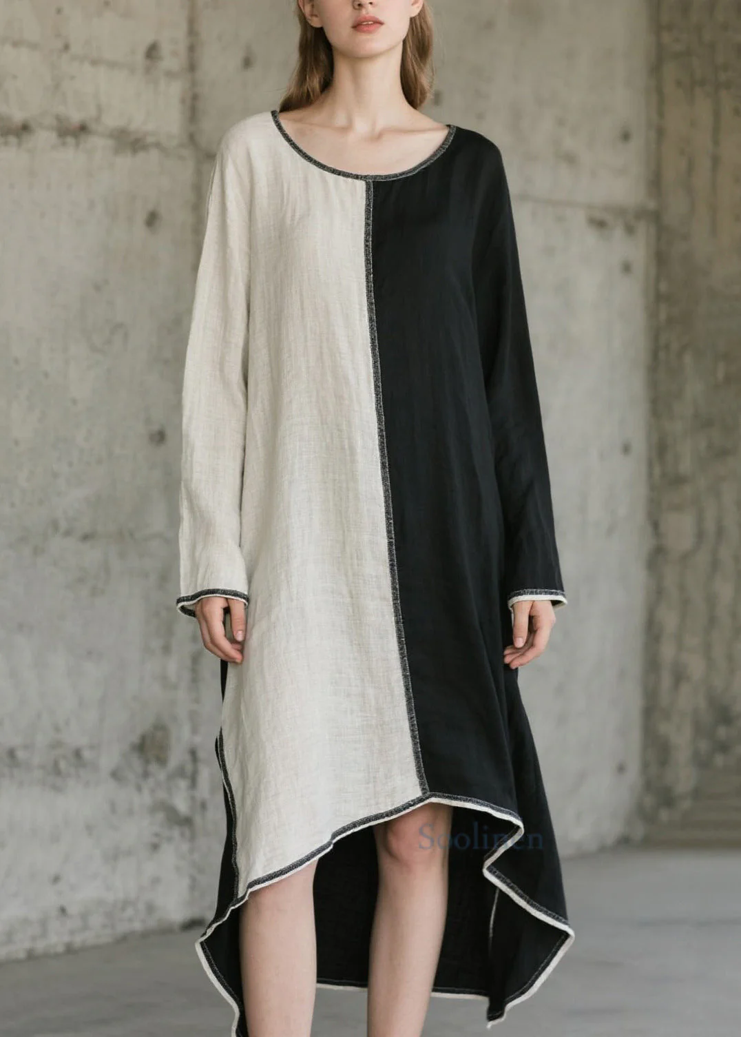 Art O-Neck Asymmetrical Patchwork Cotton Maxi Dresses Spring - Image 5