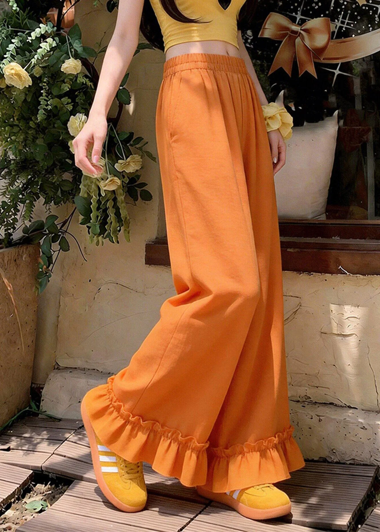 Art Orange Elastic Waist Ruffled Patchwork Wide Leg Pants - Image 3