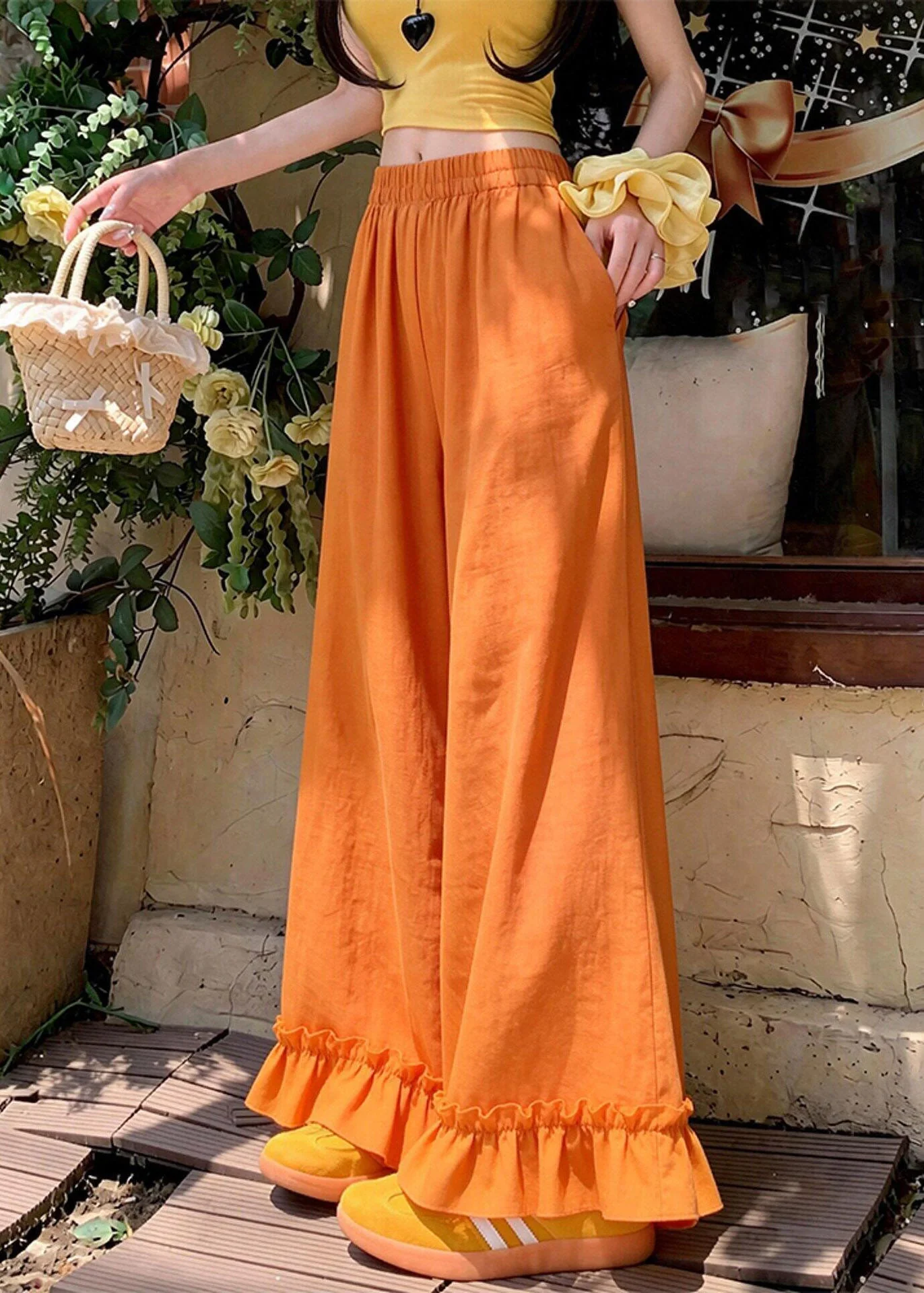 Art Orange Elastic Waist Ruffled Patchwork Wide Leg Pants - Image 5