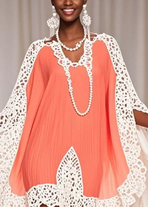 Art Orange Hollow Out Chiffon Patchwork Dresses Half Sleeve - Image 2