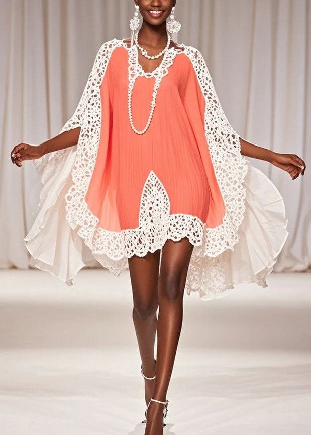 Art Orange Hollow Out Chiffon Patchwork Dresses Half Sleeve - Image 3